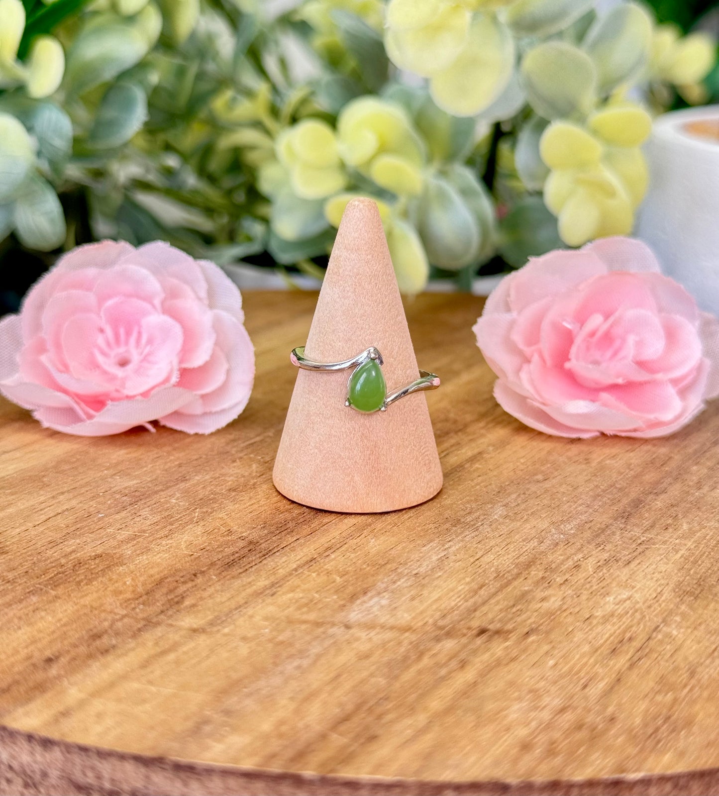 Jade tear drop ring. S925 plated copper and adjustable