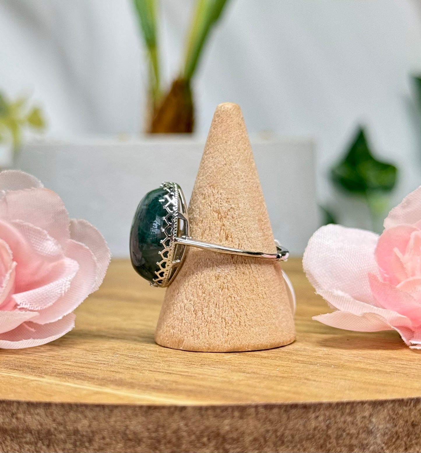 Moss agate statement ring. Silver plated copper and adjustable to fit size 5-10