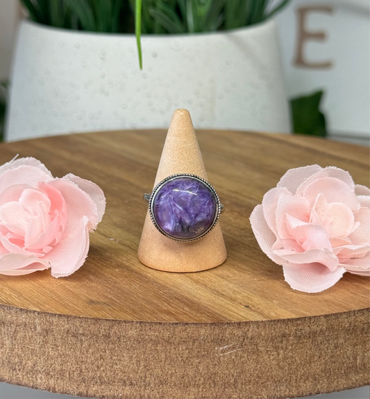 Charoite statement ring sterling silver plated and adjustable