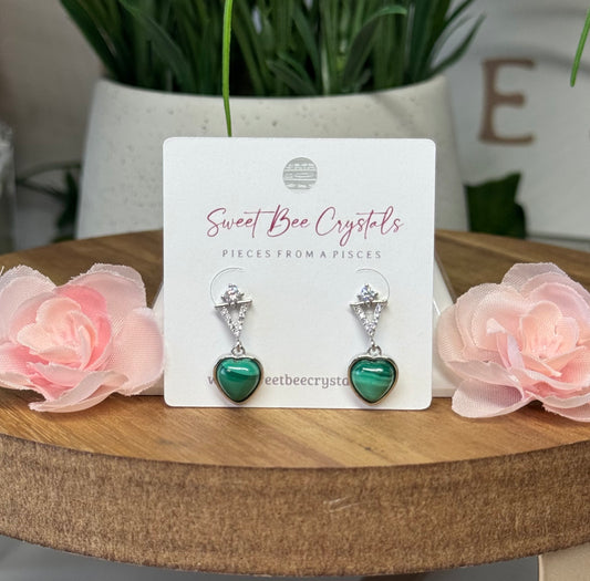 Malachite heart drop earrings with CZ accents, Silver plated copper